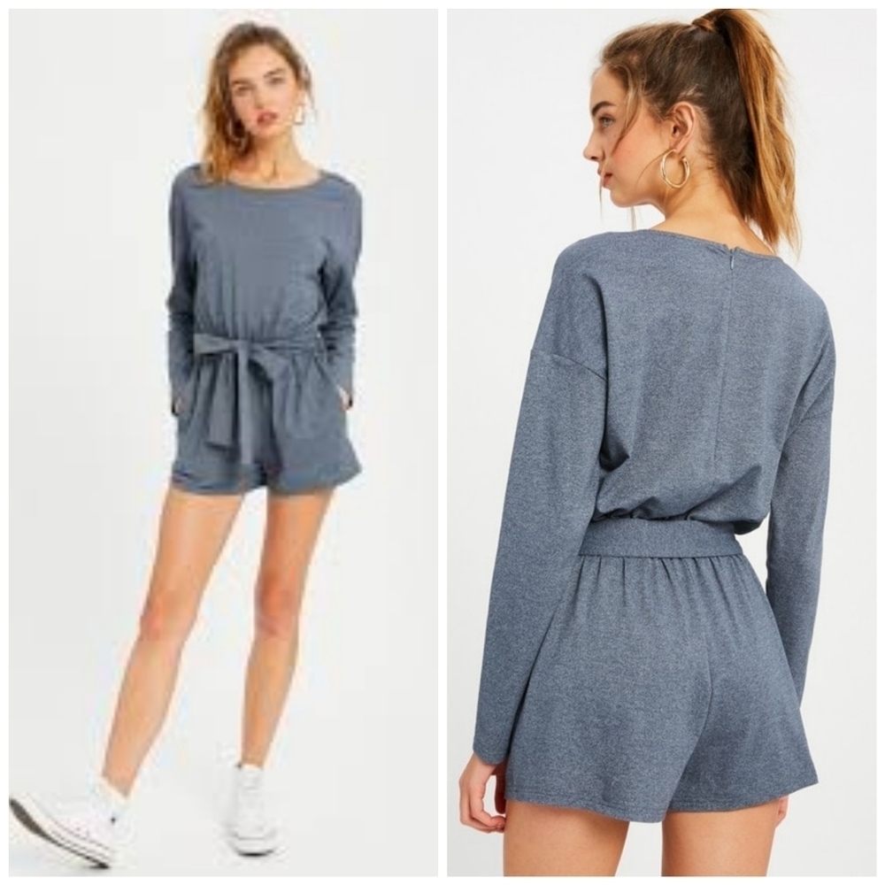 Listicle Dark Grey Long Sleeve Romper w/ Pockets